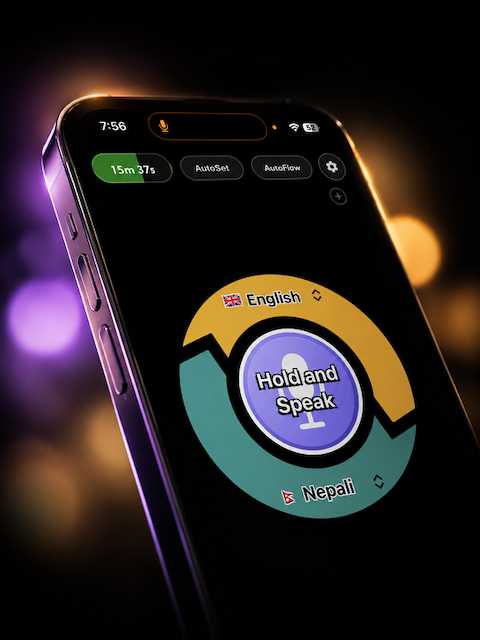 TongZ app showing the Hold and Speak interface, translating English to Nepali